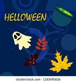 Halloween autumn fallen leaves cauldron witch bat spirit vector