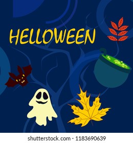 Halloween autumn fallen leaves cauldron witch bat spirit vector