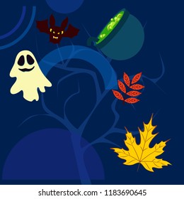 Halloween autumn fallen leaves cauldron witch bat spirit vector