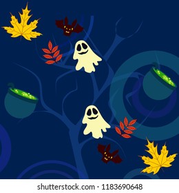 Halloween autumn fallen leaves cauldron witch bat spirit vector