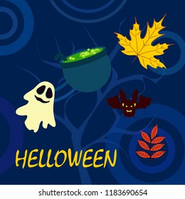 Halloween autumn fallen leaves cauldron witch bat spirit vector