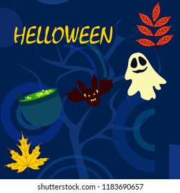 Halloween autumn fallen leaves cauldron witch bat spirit vector