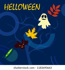 Halloween autumn fallen leaves cauldron witch bat spirit vector