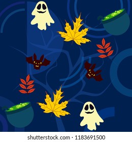 Halloween autumn fallen leaves cauldron witch bat spirit vector