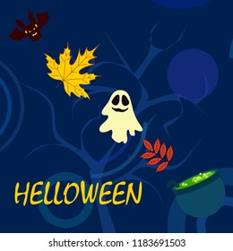Halloween autumn fallen leaves cauldron witch bat spirit vector