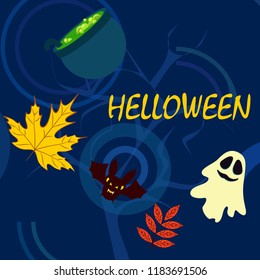 Halloween autumn fallen leaves cauldron witch bat spirit vector