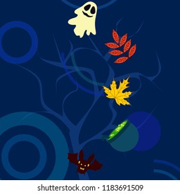 Halloween autumn fallen leaves cauldron witch bat spirit vector