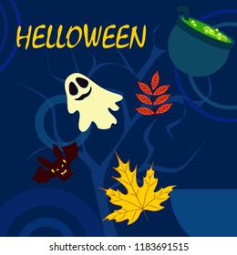 Halloween autumn fallen leaves cauldron witch bat spirit vector