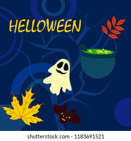 Halloween autumn fallen leaves cauldron witch bat spirit vector