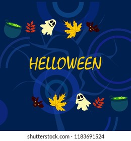 Halloween autumn fallen leaves cauldron witch bat spirit vector