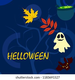 Halloween autumn fallen leaves cauldron witch bat spirit vector