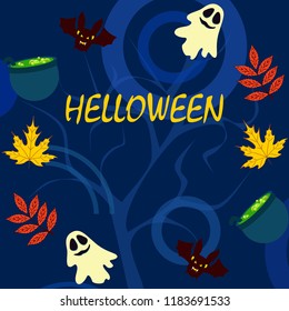 Halloween autumn fallen leaves cauldron witch bat spirit vector