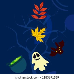 Halloween autumn fallen leaves cauldron witch bat spirit vector