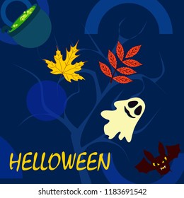 Halloween autumn fallen leaves cauldron witch bat spirit vector