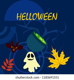 Halloween autumn fallen leaves cauldron witch bat spirit vector