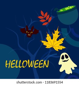 Halloween autumn fallen leaves cauldron witch bat spirit vector