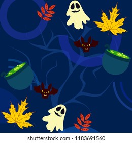 Halloween autumn fallen leaves cauldron witch bat spirit vector