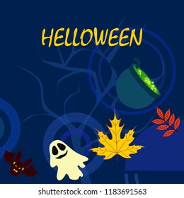 Halloween autumn fallen leaves cauldron witch bat spirit vector