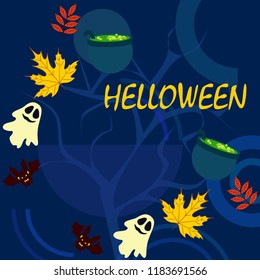 Halloween autumn fallen leaves cauldron witch bat spirit vector