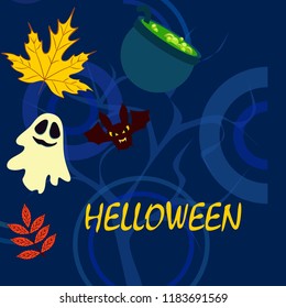 Halloween autumn fallen leaves cauldron witch bat spirit vector