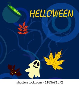 Halloween autumn fallen leaves cauldron witch bat spirit vector