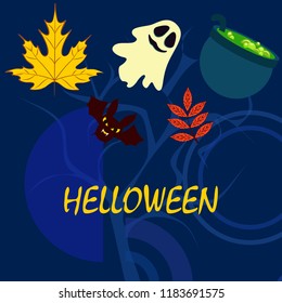 Halloween autumn fallen leaves cauldron witch bat spirit vector
