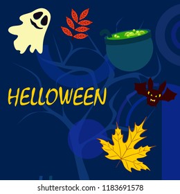 Halloween autumn fallen leaves cauldron witch bat spirit vector