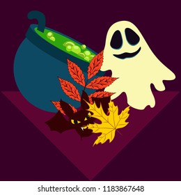 Halloween autumn fallen leaves cauldron witch bat spirit vector