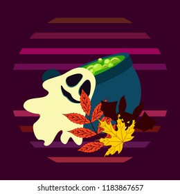 Halloween autumn fallen leaves cauldron witch bat spirit vector