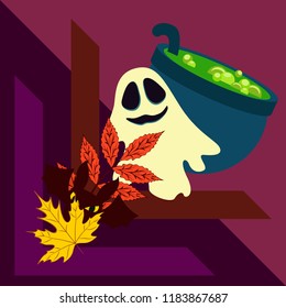 Halloween autumn fallen leaves cauldron witch bat spirit vector