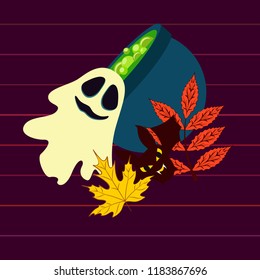 Halloween autumn fallen leaves cauldron witch bat spirit vector