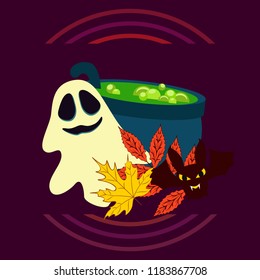 Halloween autumn fallen leaves cauldron witch bat spirit vector