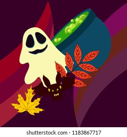 Halloween autumn fallen leaves cauldron witch bat spirit vector