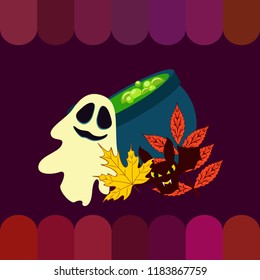 Halloween autumn fallen leaves cauldron witch bat spirit vector