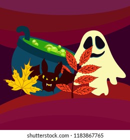 Halloween autumn fallen leaves cauldron witch bat spirit vector