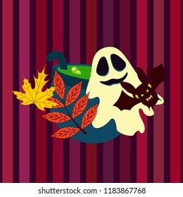 Halloween autumn fallen leaves cauldron witch bat spirit vector