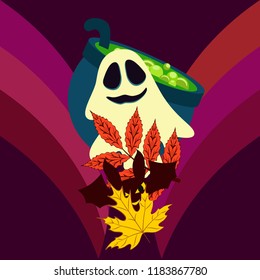Halloween autumn fallen leaves cauldron witch bat spirit vector