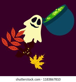 Halloween autumn fallen leaves cauldron witch bat spirit vector