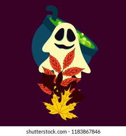 Halloween autumn fallen leaves cauldron witch bat spirit vector