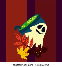 Halloween autumn fallen leaves cauldron witch bat spirit vector