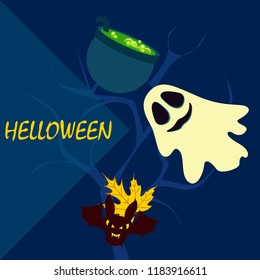 Halloween autumn fallen leaves cauldron witch bat spirit vector