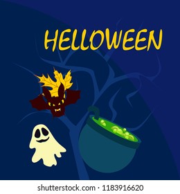 Halloween autumn fallen leaves cauldron witch bat spirit vector