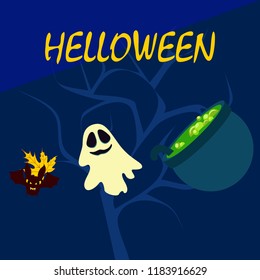 Halloween autumn fallen leaves cauldron witch bat spirit vector