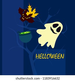 Halloween autumn fallen leaves cauldron witch bat spirit vector