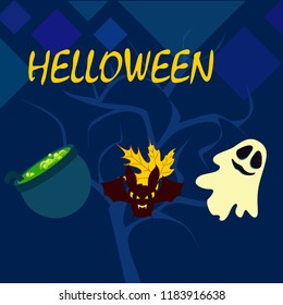 Halloween autumn fallen leaves cauldron witch bat spirit vector