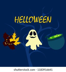 Halloween autumn fallen leaves cauldron witch bat spirit vector