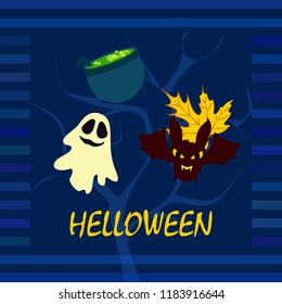 Halloween autumn fallen leaves cauldron witch bat spirit vector