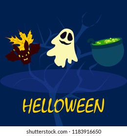 Halloween autumn fallen leaves cauldron witch bat spirit vector