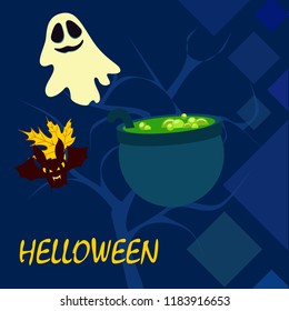 Halloween autumn fallen leaves cauldron witch bat spirit vector