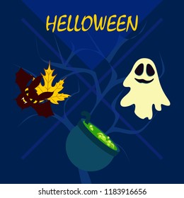 Halloween autumn fallen leaves cauldron witch bat spirit vector